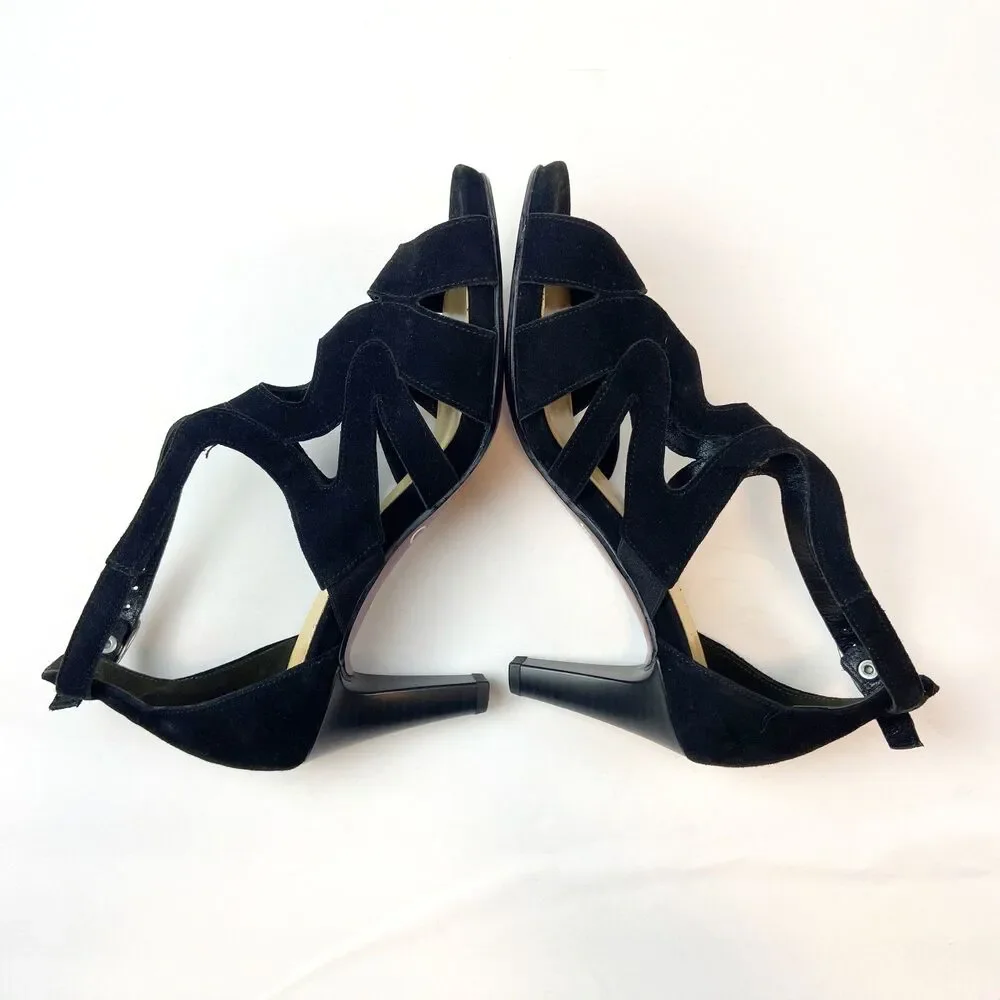 Gabor‎ Fantastica Black Suede Heels Women's Sz 7 Strappy Peep Toe Evening Dressy